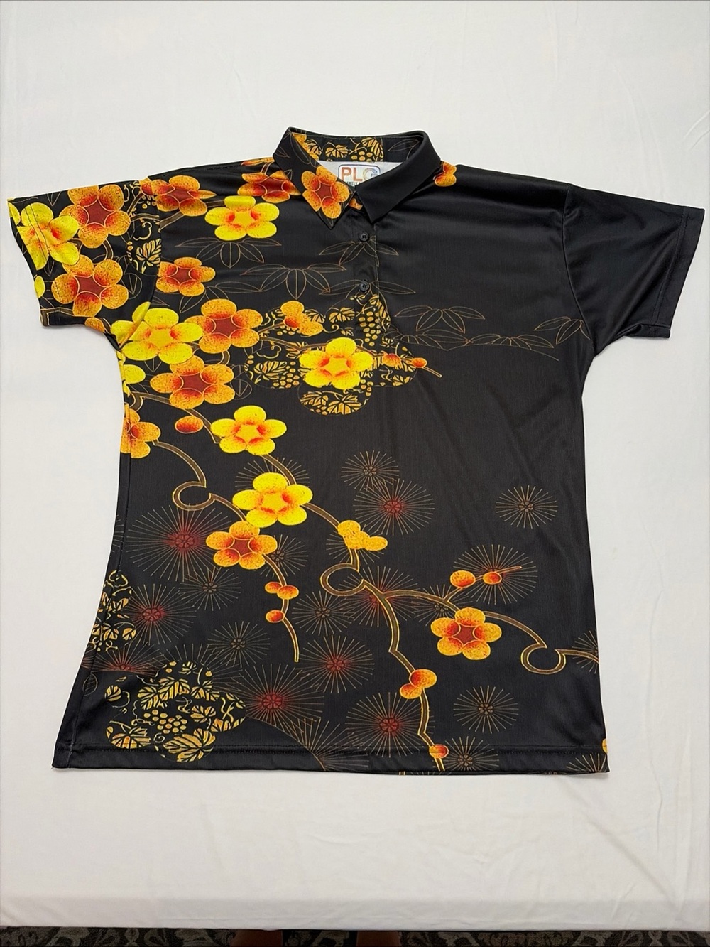PLG Black Floral Polo with Yellow & Orange Blossom Print